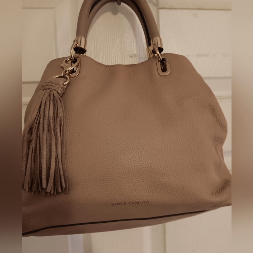 Vince Camuto Leather Satchel in pink/nude with three big comparents and tassel
